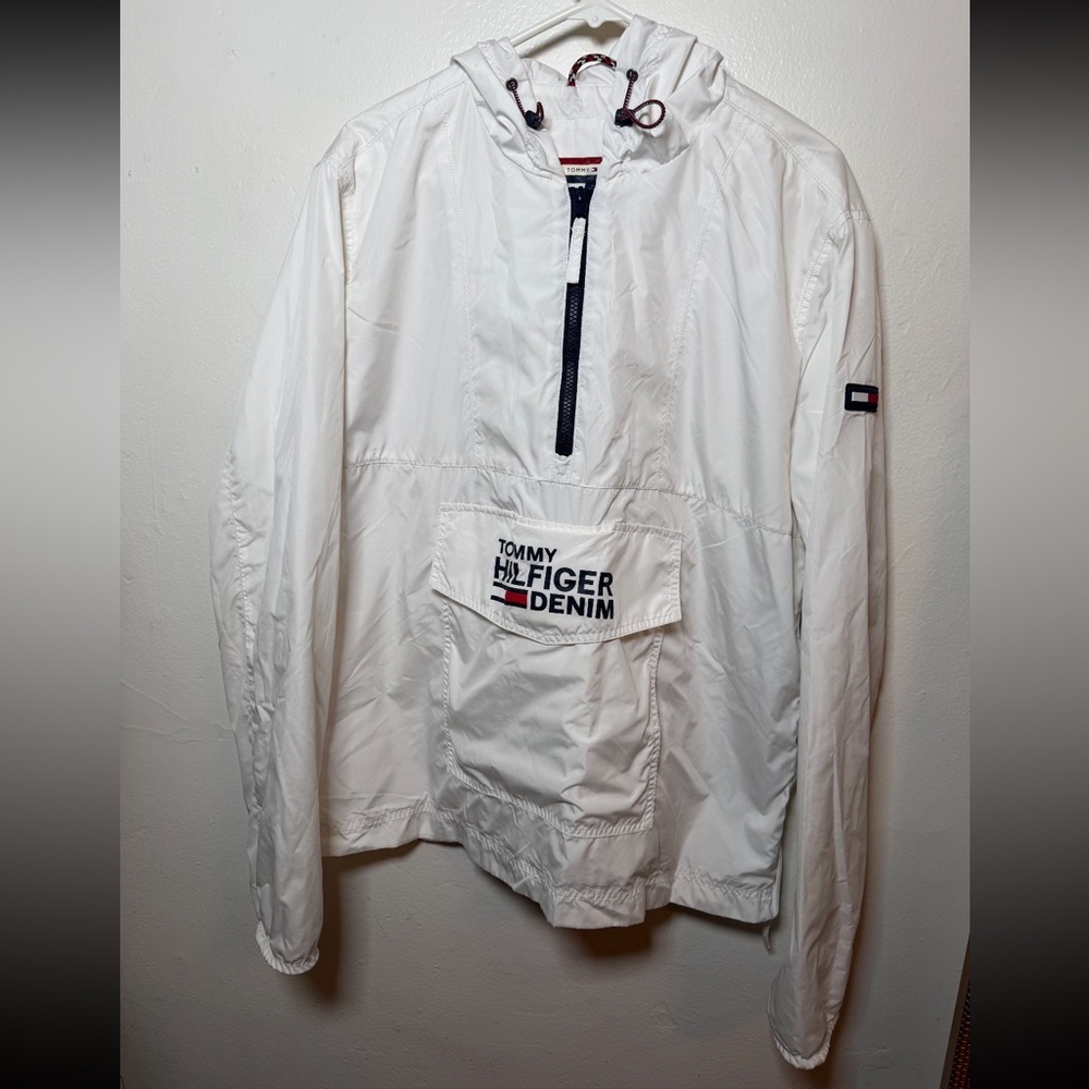Tommy Hilfiger White Windbreaker Pullover Hoodie Jacket Men’s Size Large